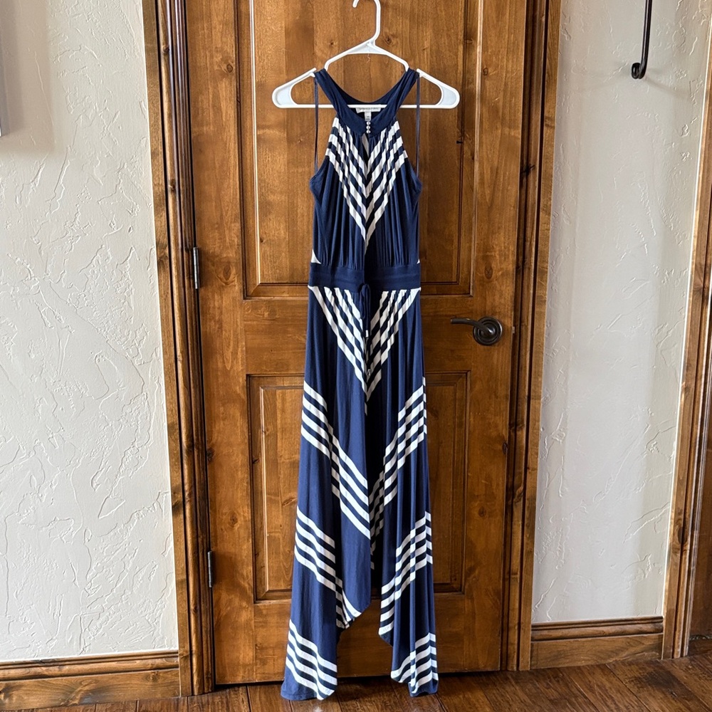 Navy and White Striped Halter Maxi Dress